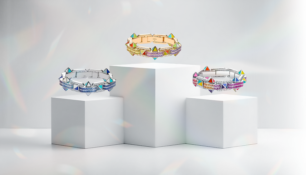 Podium displaying three bracelets from the pyramid signature collection.