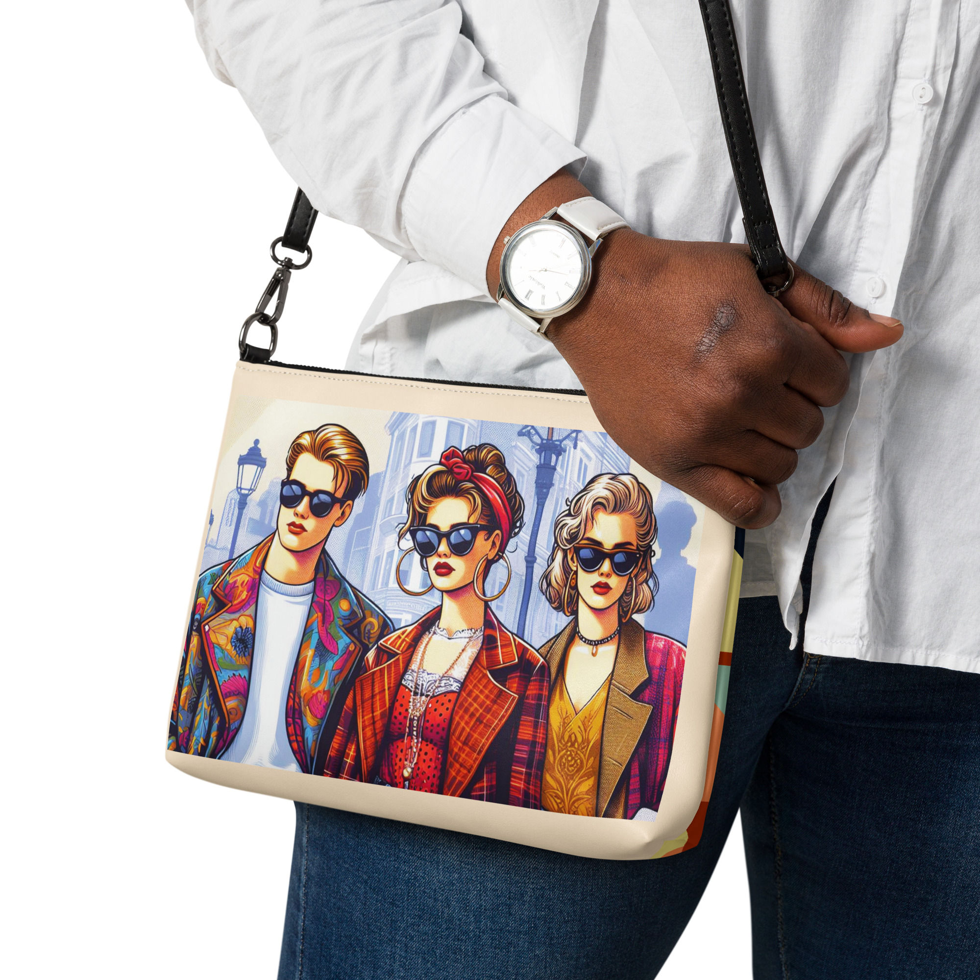 Person wearing a crossbody shoulder bag depicting three stylish individuals stand confidently on a city street, embodying a blend of contemporary and retro fashion. Each person wears sunglasses and distinct, colorful outfits that reflect a vibrant and trendy aesthetic.