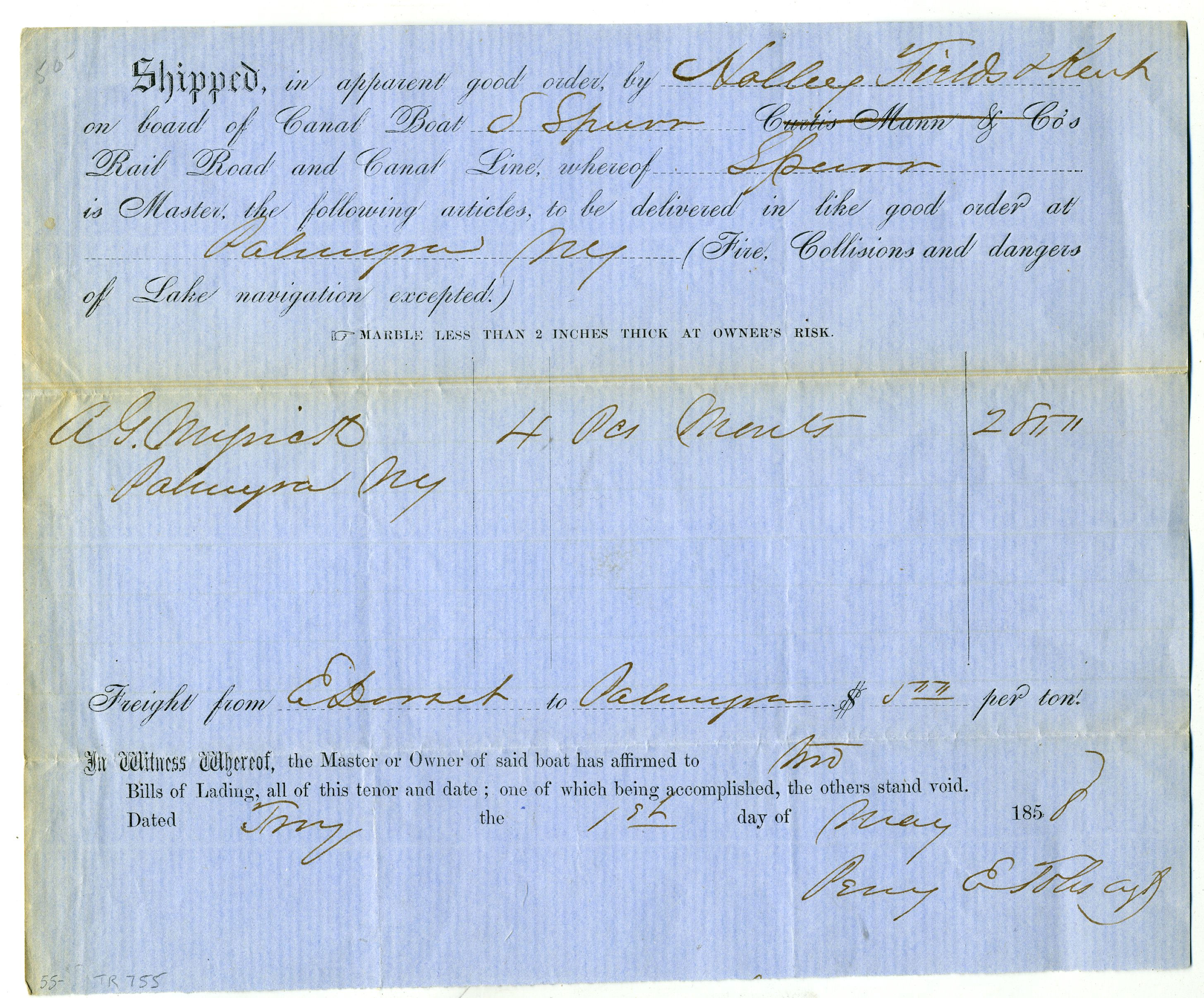 ERIE CANAL BILL OF LADING 1858