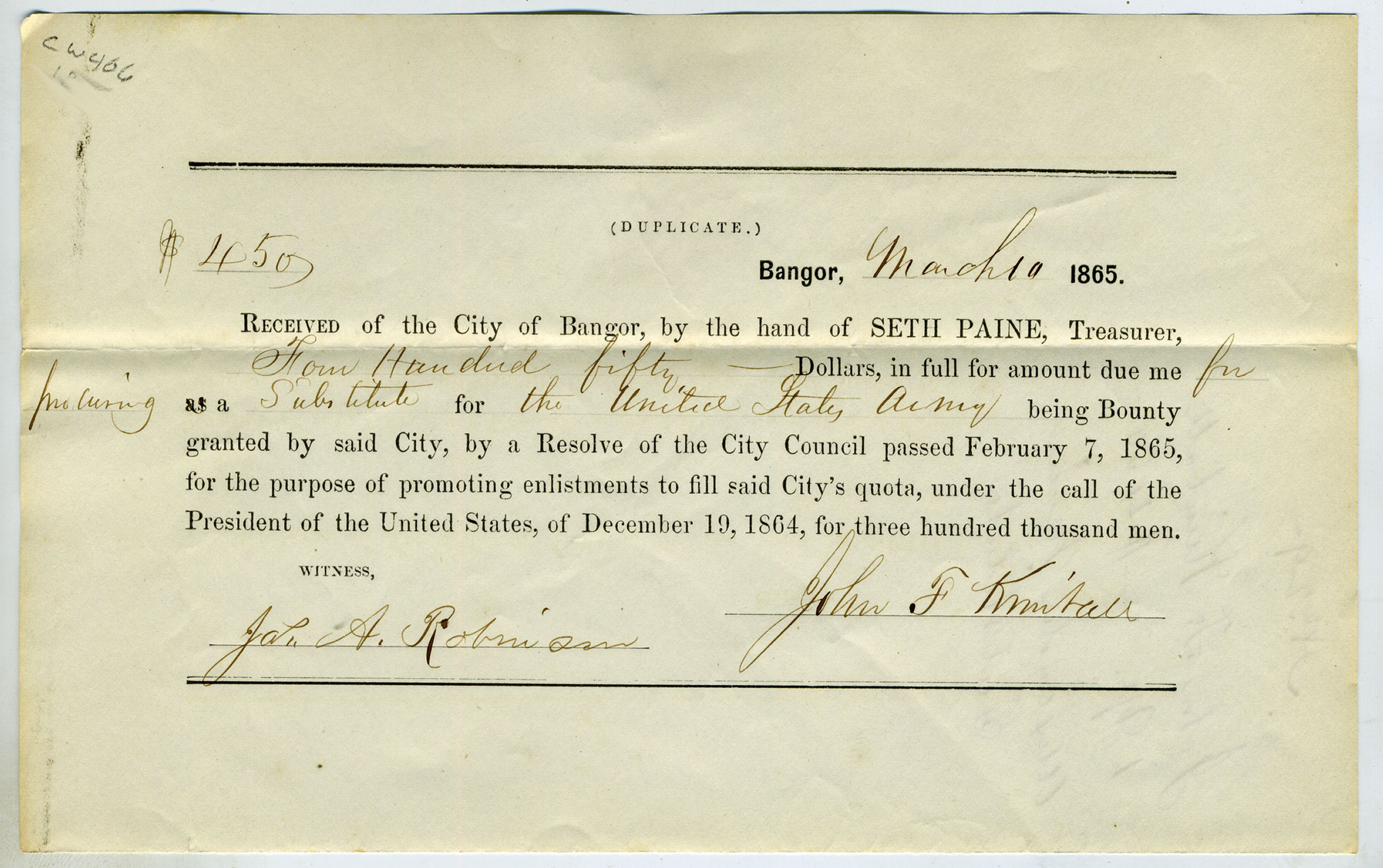 BOUNTY RELATING PROCURING A SUBSTITUTE - 1865