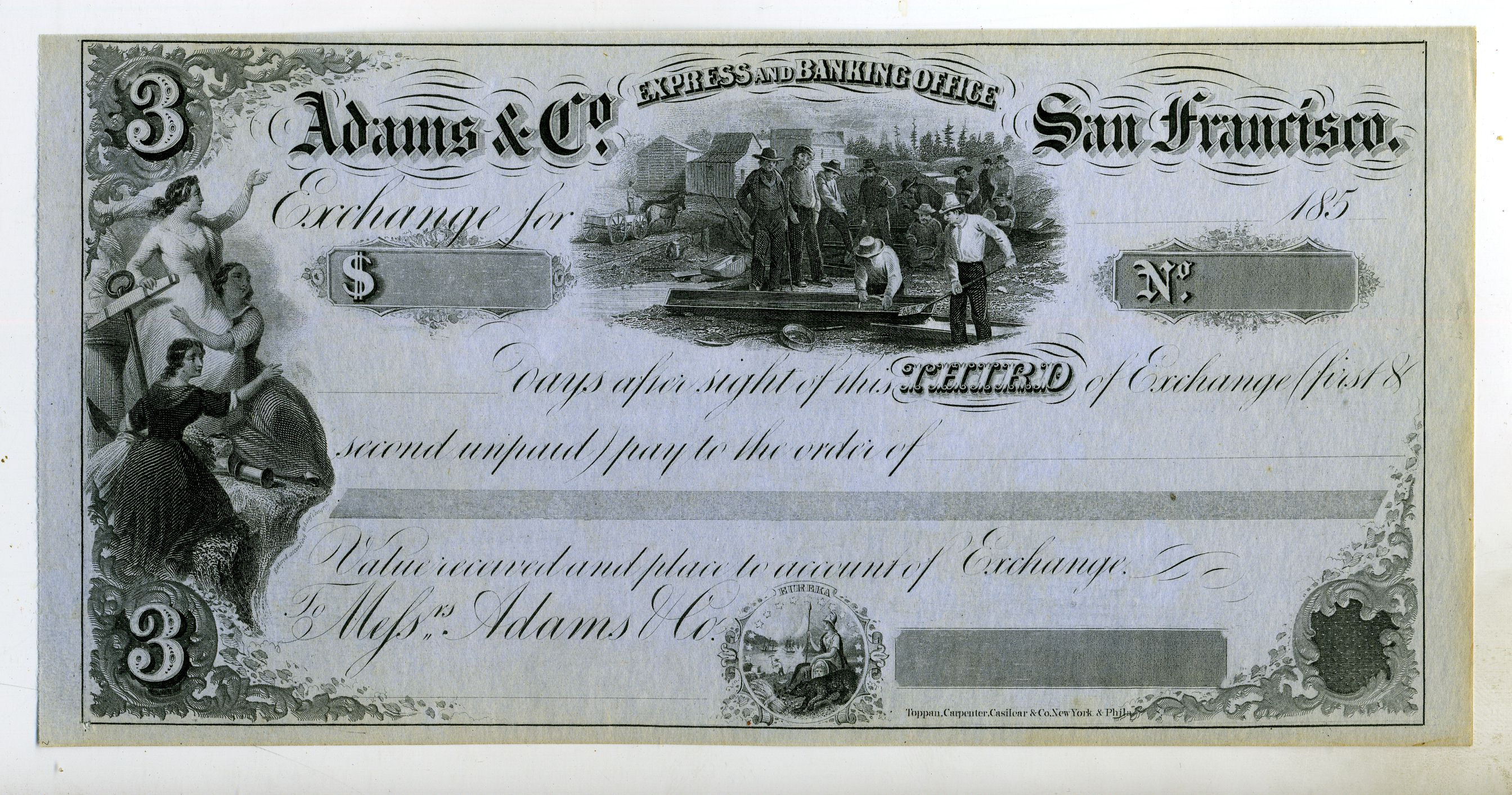 ADAMS & CO. GOLD RUSH ERA - BILL OF EXCHANGE - MINERS SLUICE