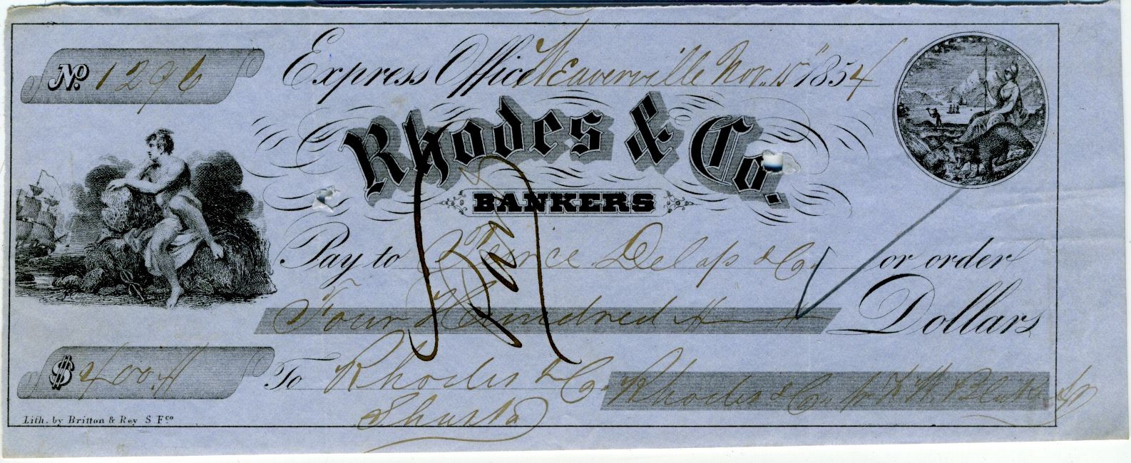 CALIFORNIA GOLD RUSH ERA. RHODES & CO. EXPRESS OFFICE CHECK 1854