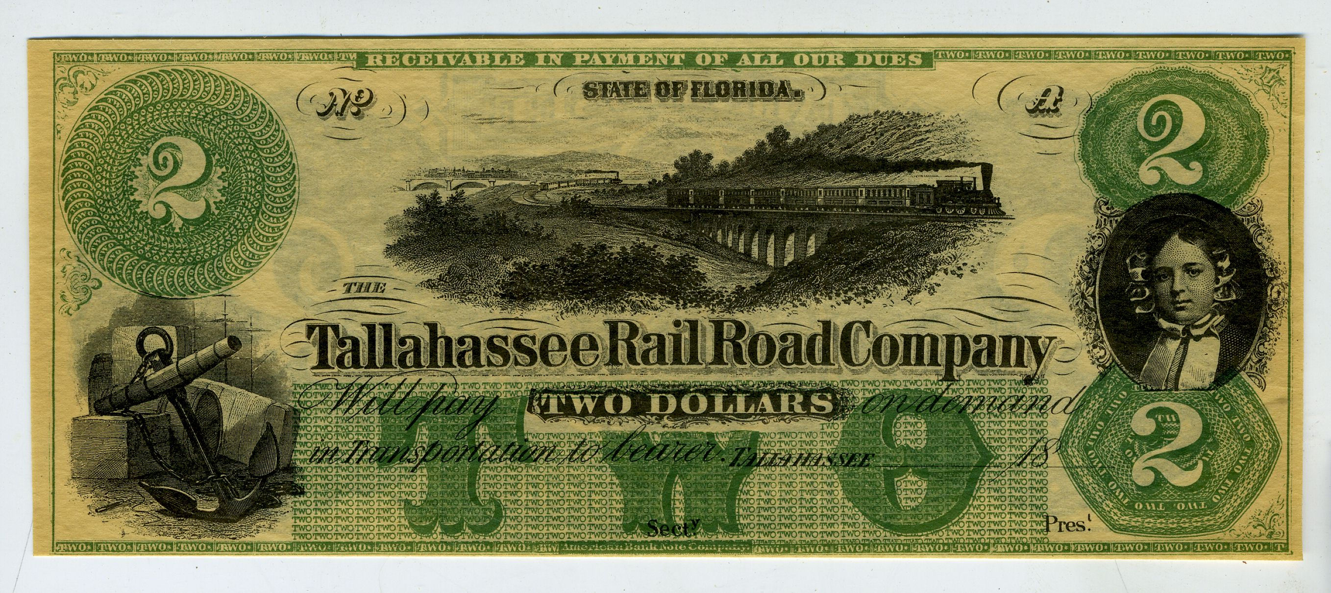 CURRENCY – TALLAHASSEE RAIL ROAD COMPANY -  $2 – UNISSUED NM CONDITION - CRISP