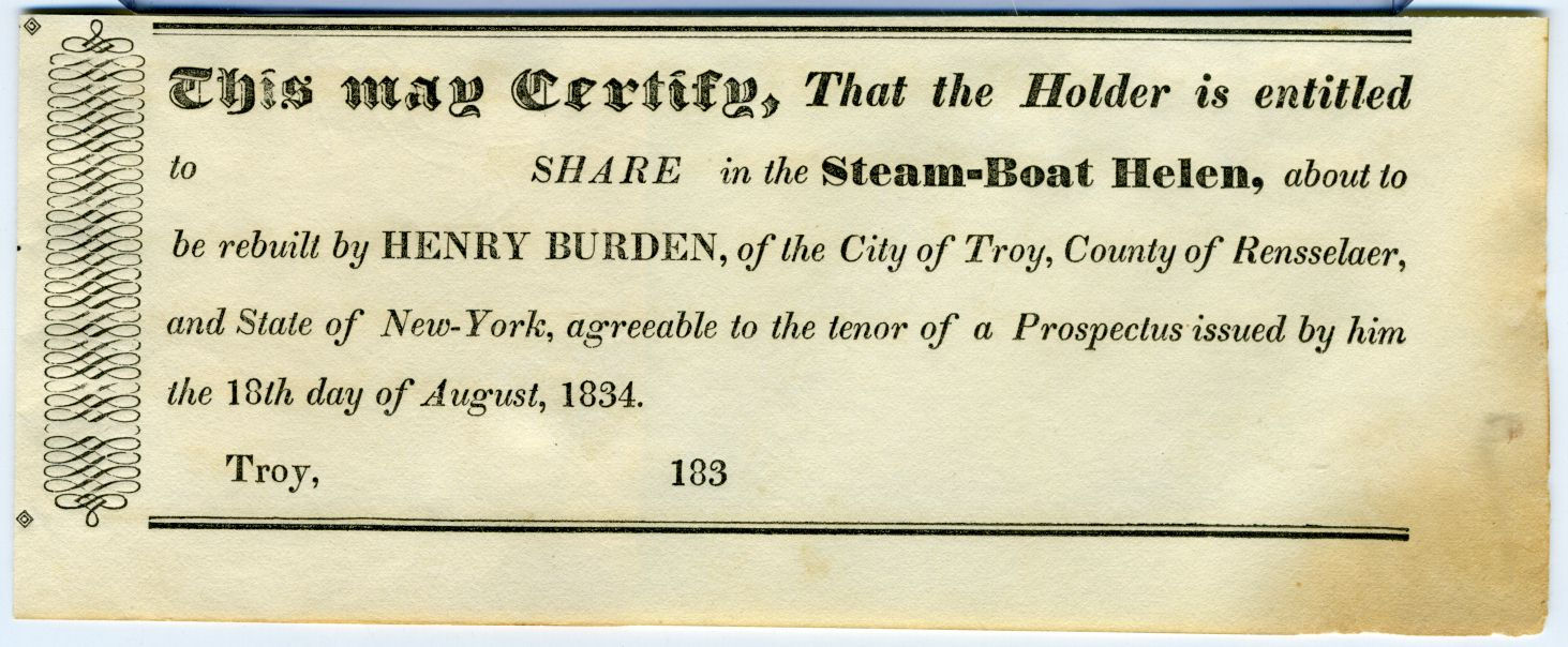 STEAMBOAT - UNISSUED CERTIFICATE FOR SHARE 1834.