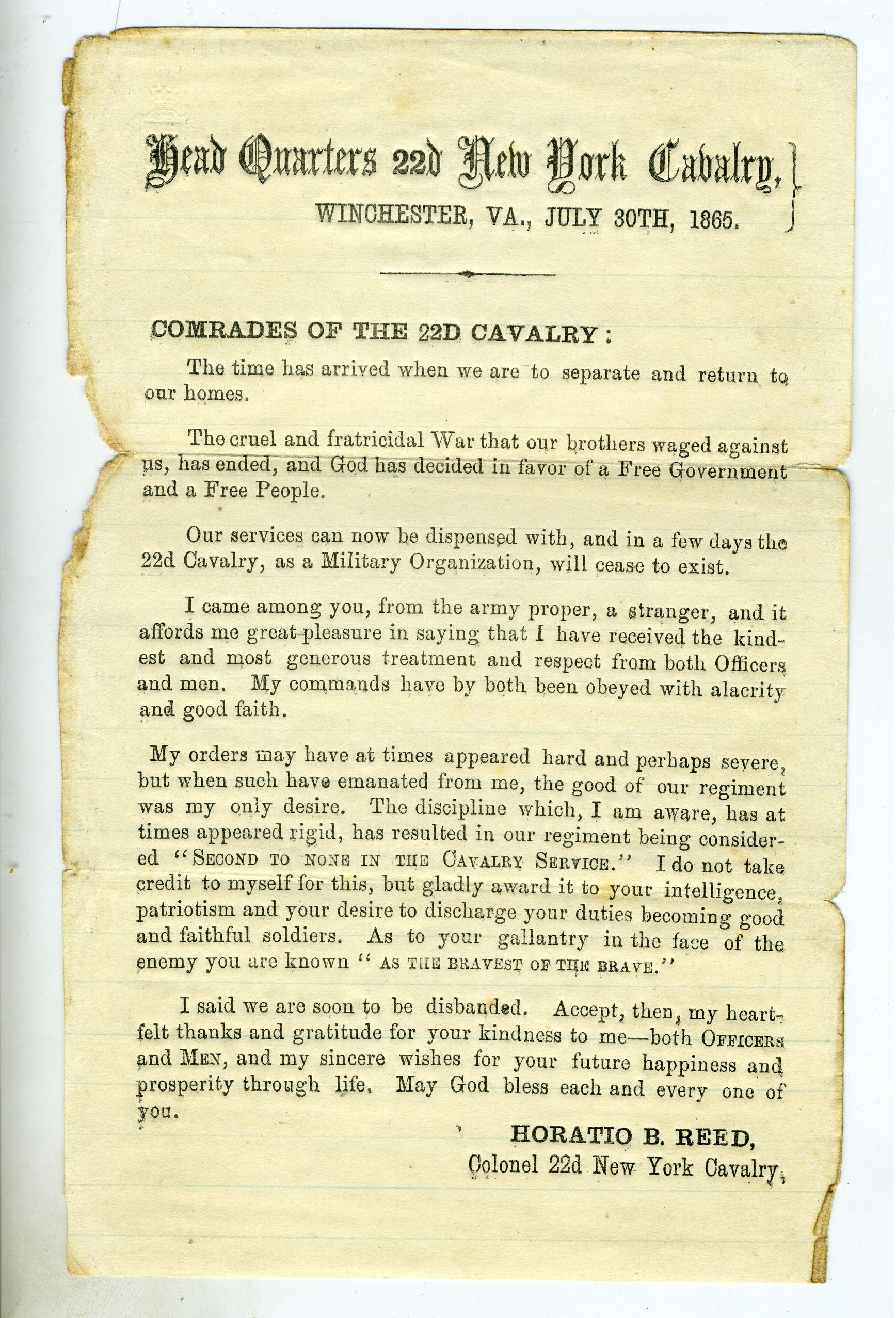 CIVIL WAR- HEADQUARTERS 22nd NEW YORK CAVALRY MUSTERING OUT CIRCULAR
