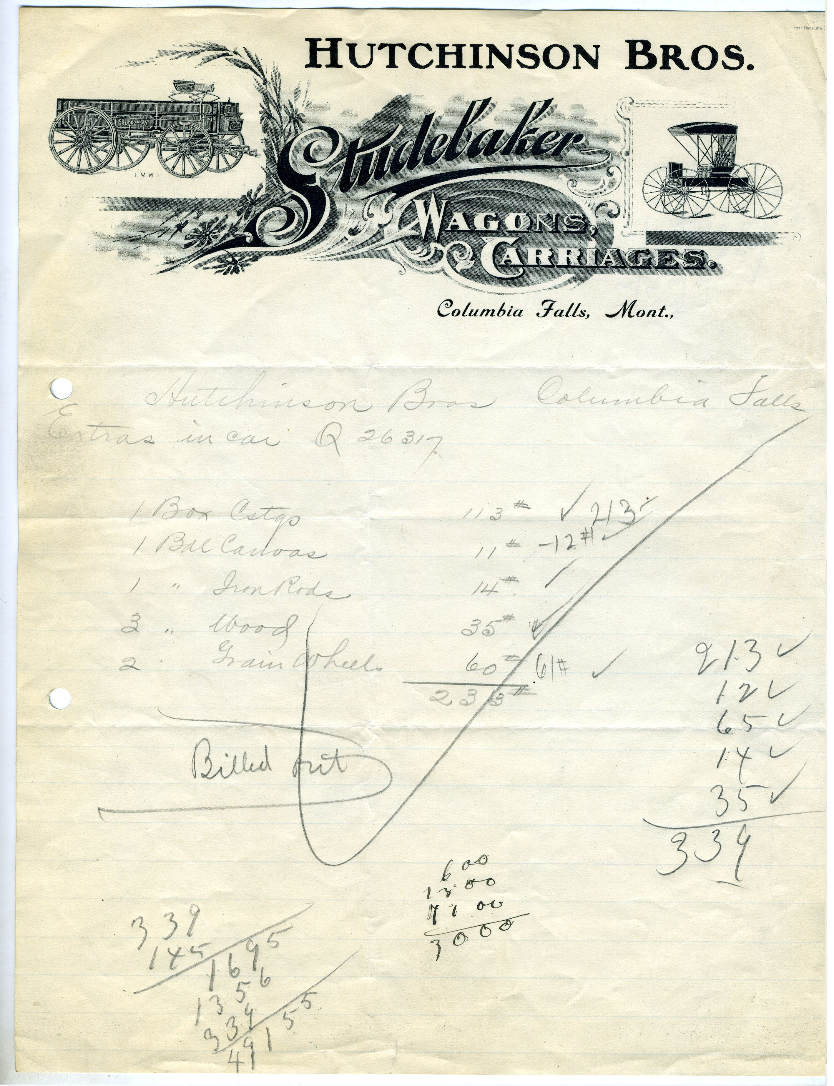 LETTERHEAD – HUTCHINSON BROS – STUDEBAKER WAGONS & CARRIAGES – ILLUSTRATED