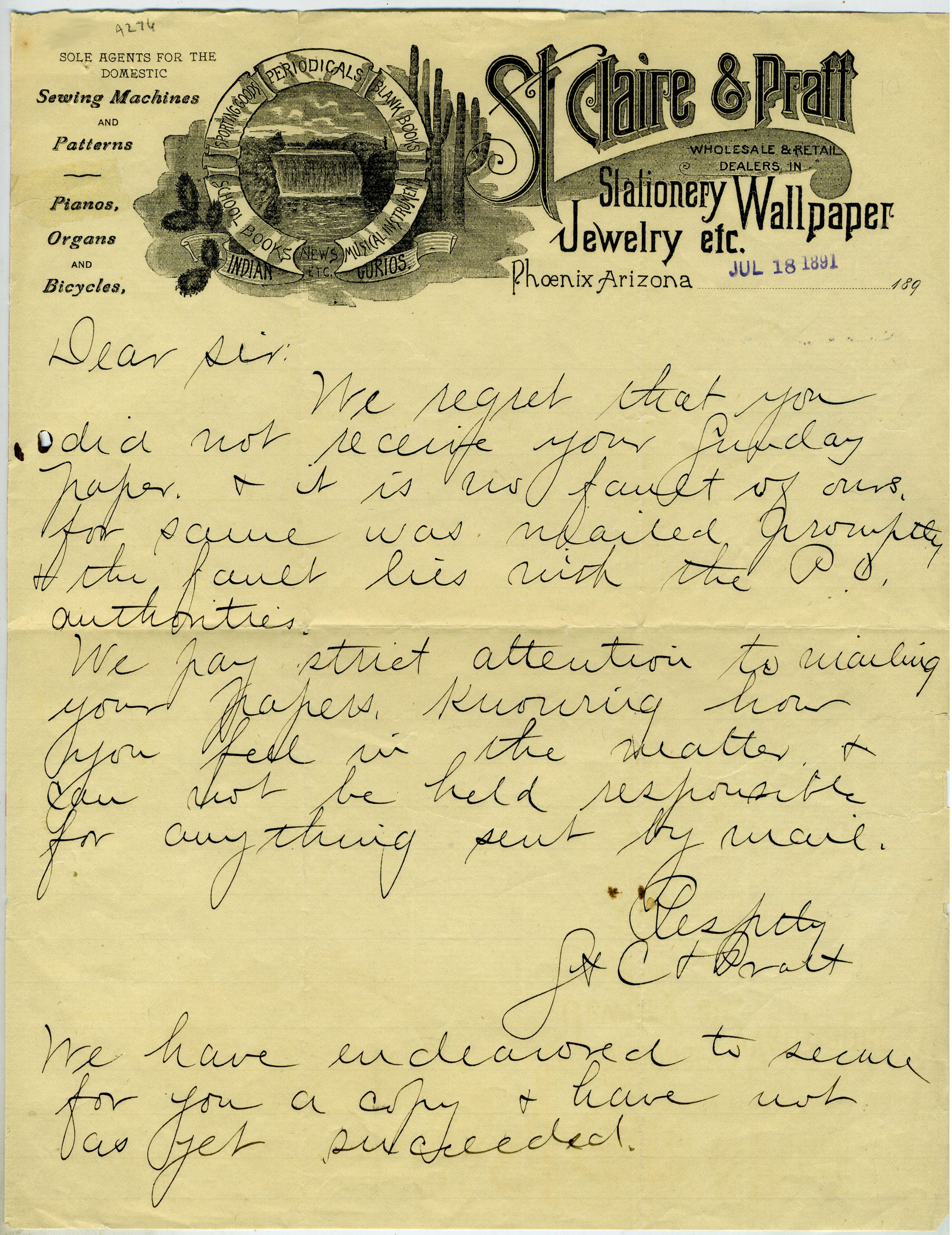 ARIZONA TERRITORY -  PHOENIX  MERCANTILE  LETTERHEAD 1891