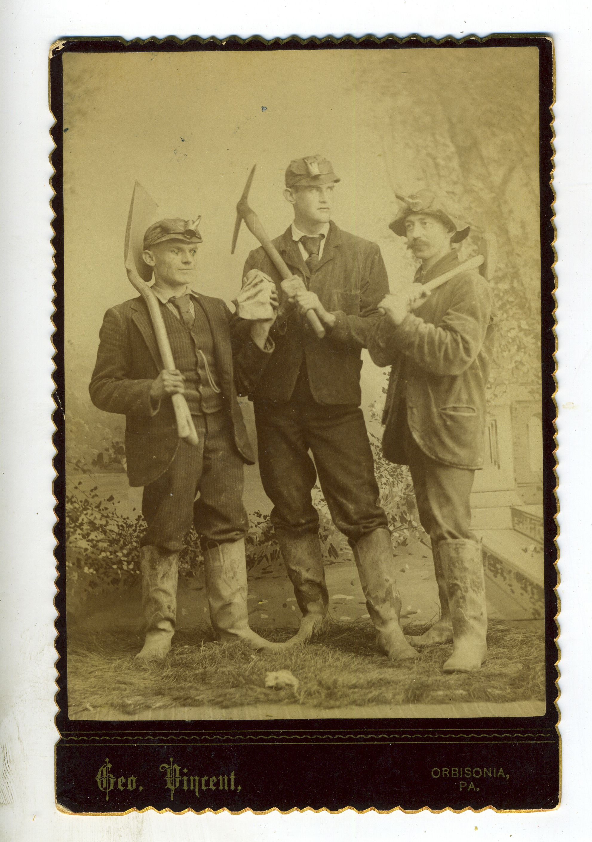 CABINET CARD – COAL MINERS WITH TOOLS - ORBISONIA PENN PHOTO STUDIO