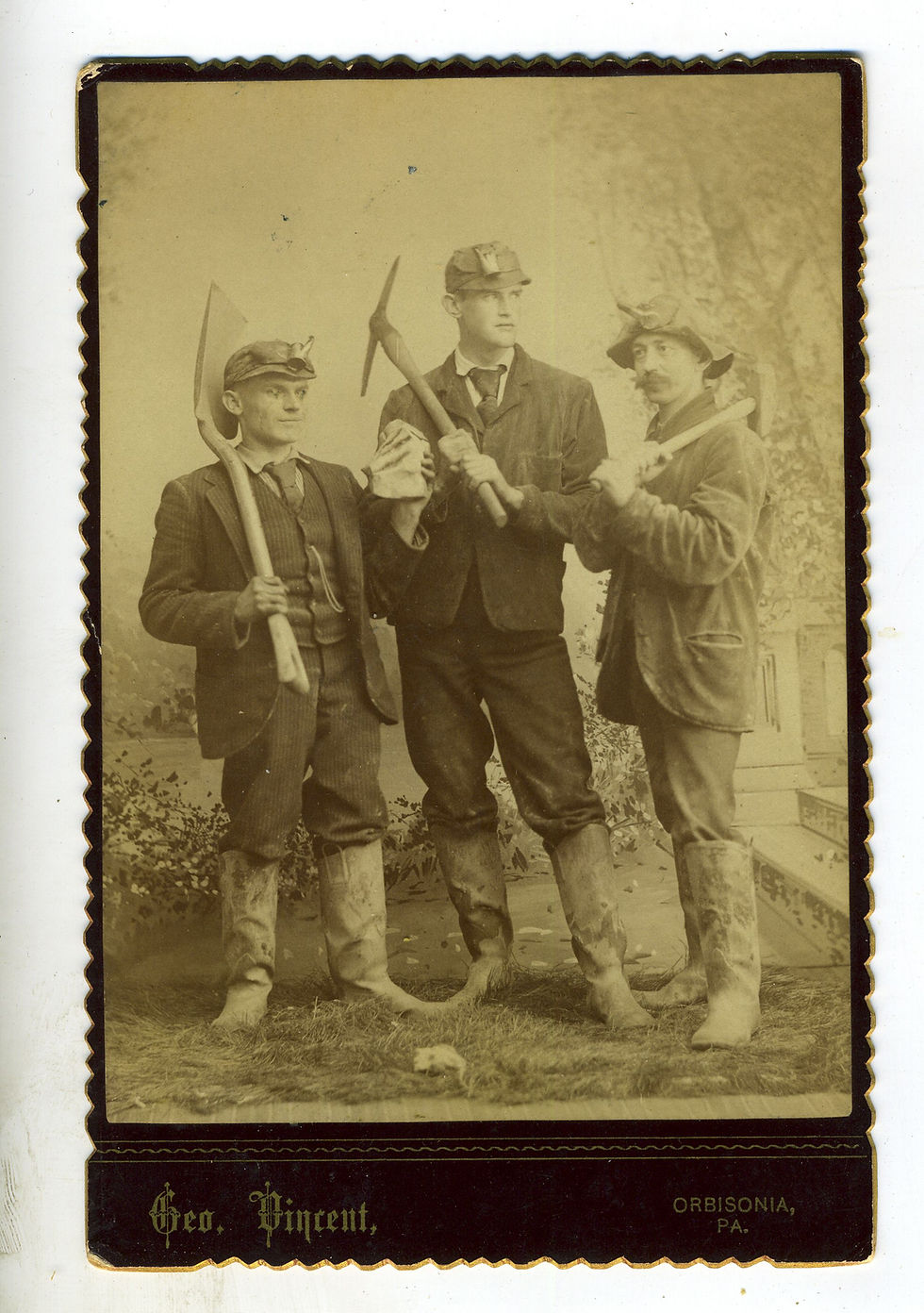 CABINET CARD – COAL MINERS WITH TOOLS - ORBISONIA PENN PHOTO STUDIO