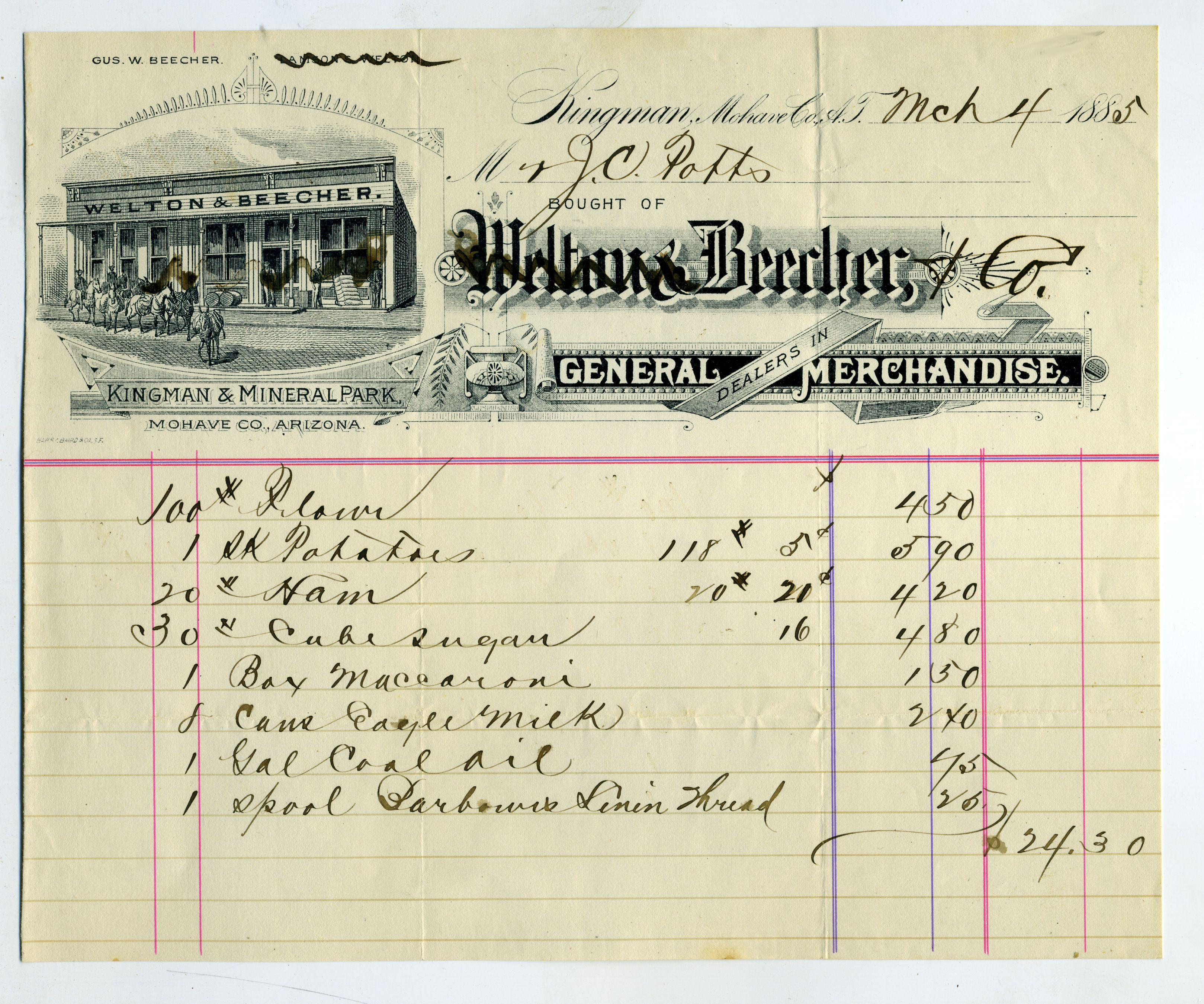 ARIZONA TERRITORY -  KINGMAN ILLUSTRATED BILLHEAD - 1886.