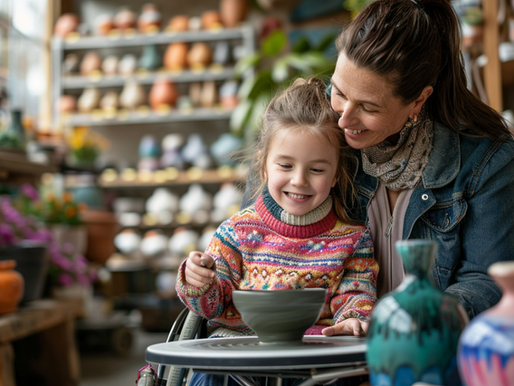 A joyful mother and daughter share a creative moment at a pottery workshop, surrounded by colorful ceramics and vibrant flowers.