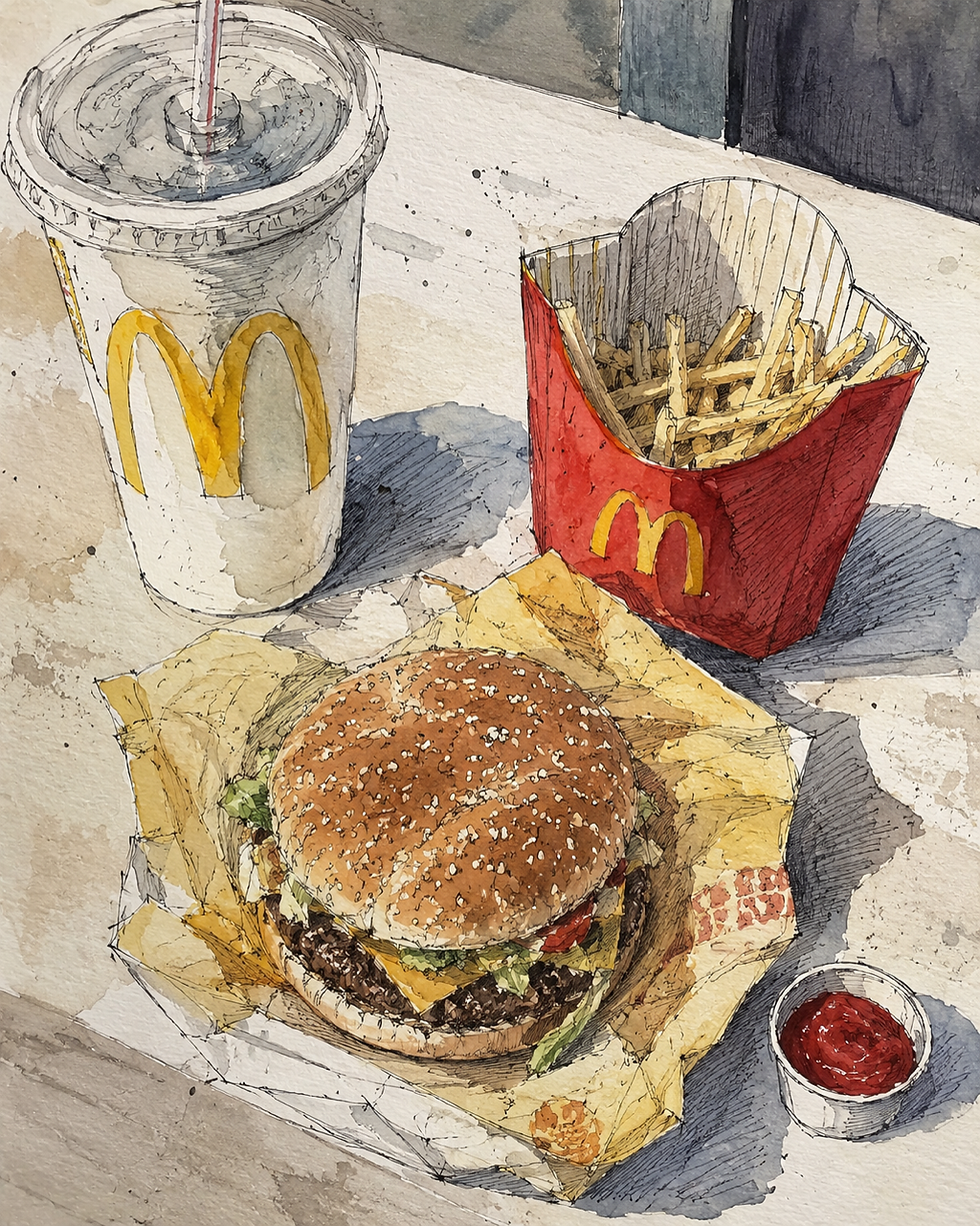 A detailed watercolor illustration of a classic fast-food meal featuring a cheeseburger, a side of crispy fries in a branded red container, a cup with a straw, and a dollop of ketchup on the side, capturing the essence of an iconic dining experience.