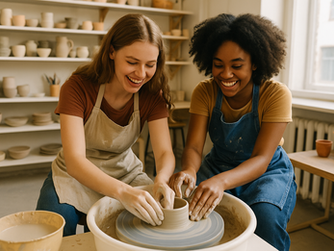Two women joyfully create pottery together, shaping clay on a wheel in a bright and cozy studio.
