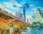A vibrant painting captures a cityscape with a bridge spanning a calm river, set against a backdrop of modern skyscrapers and a clear blue sky, bustling with people and dotted with birds.