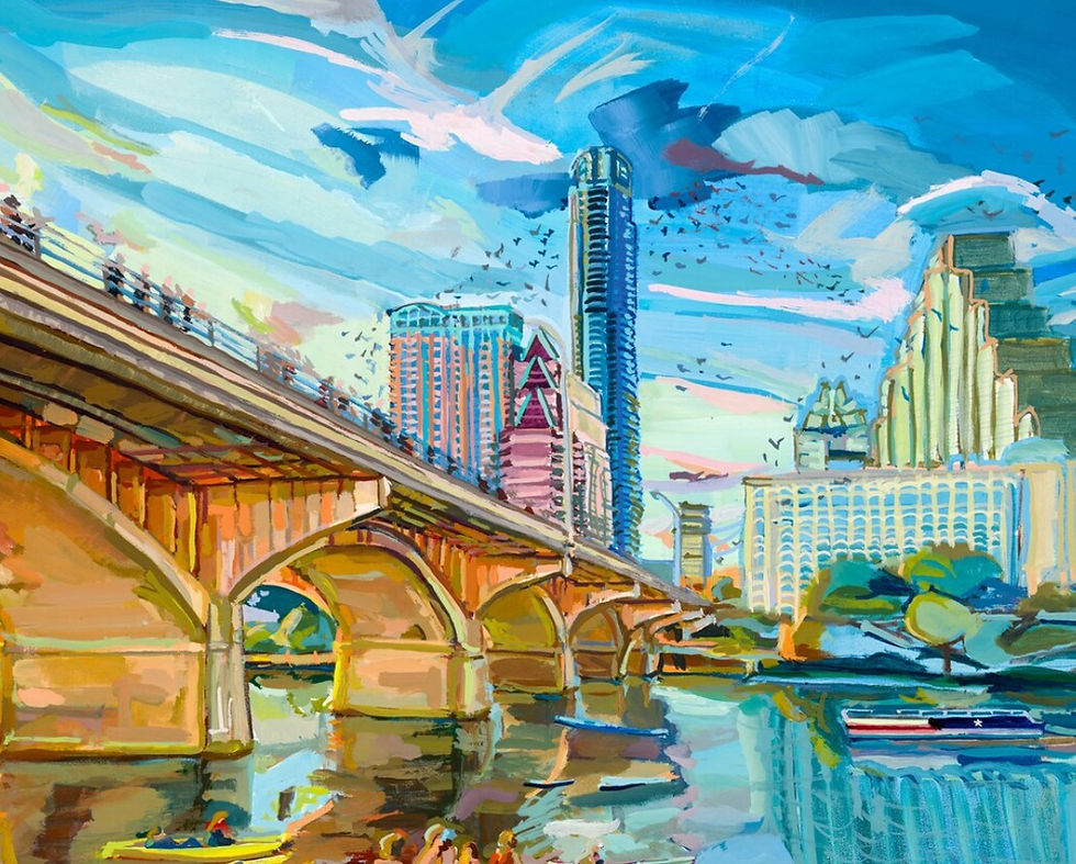 A vibrant painting captures a cityscape with a bridge spanning a calm river, set against a backdrop of modern skyscrapers and a clear blue sky, bustling with people and dotted with birds.