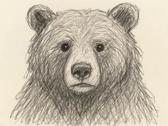 A detailed pencil sketch of a bear's face, capturing its soft fur and attentive expression.