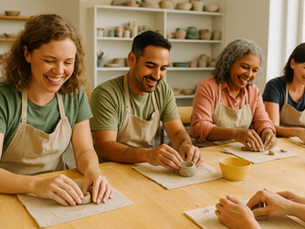 A group of friends enjoys a pottery class, smiling as they shape clay on a wooden table, with shelves of pottery in the background.