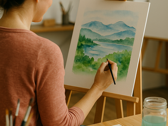 A woman sits at an easel, skillfully painting a serene landscape with watercolor, capturing the beauty of distant mountains and lush greenery in her art studio.