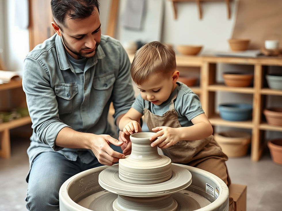 Man and woman laugh happily while working together with clay at a pottery wheel