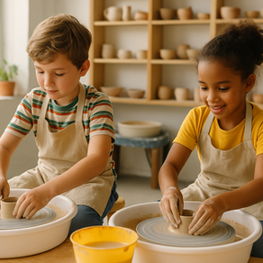 Children joyfully embrace creativity as they shape clay on pottery wheels, surrounded by their handmade creations in a cozy studio.