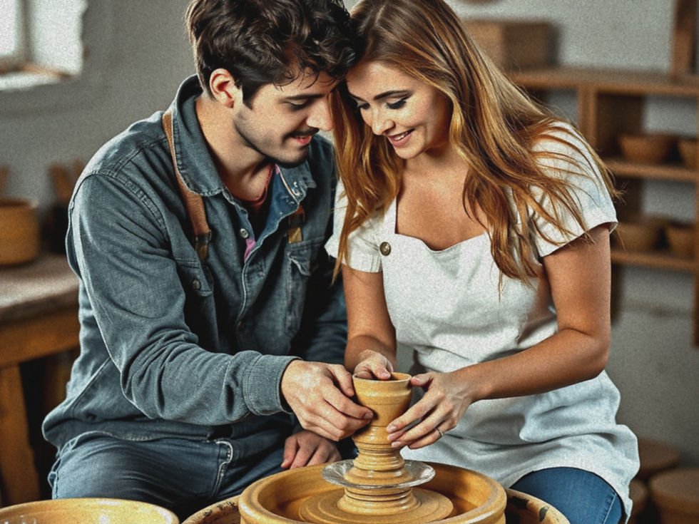 Man and woman laugh happily while working together with clay at a pottery wheel