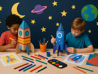 Two young children engage in a creative project, carefully coloring and decorating cardboard rocket models at a table. Surrounded by colorful crayons, pencils, and space-themed decorations, they bring their imaginative visions of outer space to life.