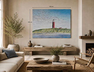 Schilderij Texel vuurtoren op olieverf blauwe lucht