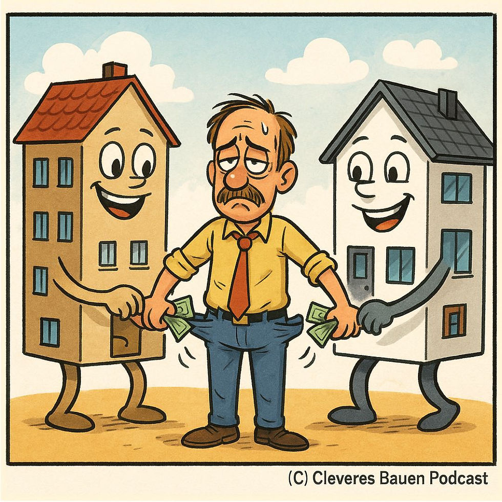 Doppelbelastung beim Hausbau Comic 2 Häuser ziehen einem Bauherr das geld aus der Tasche.