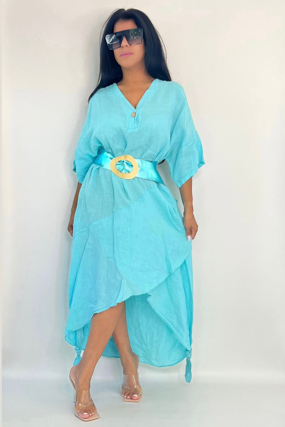 Thumbnail: Melody midi dress, light blue, high-low hem, with belt