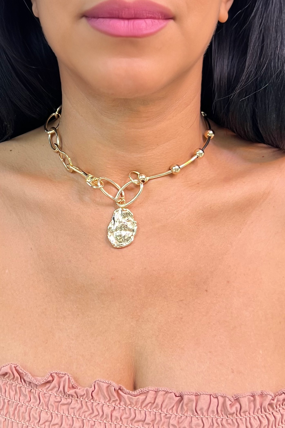 Bead and Chain Links Choker with Pendant- Gold Color