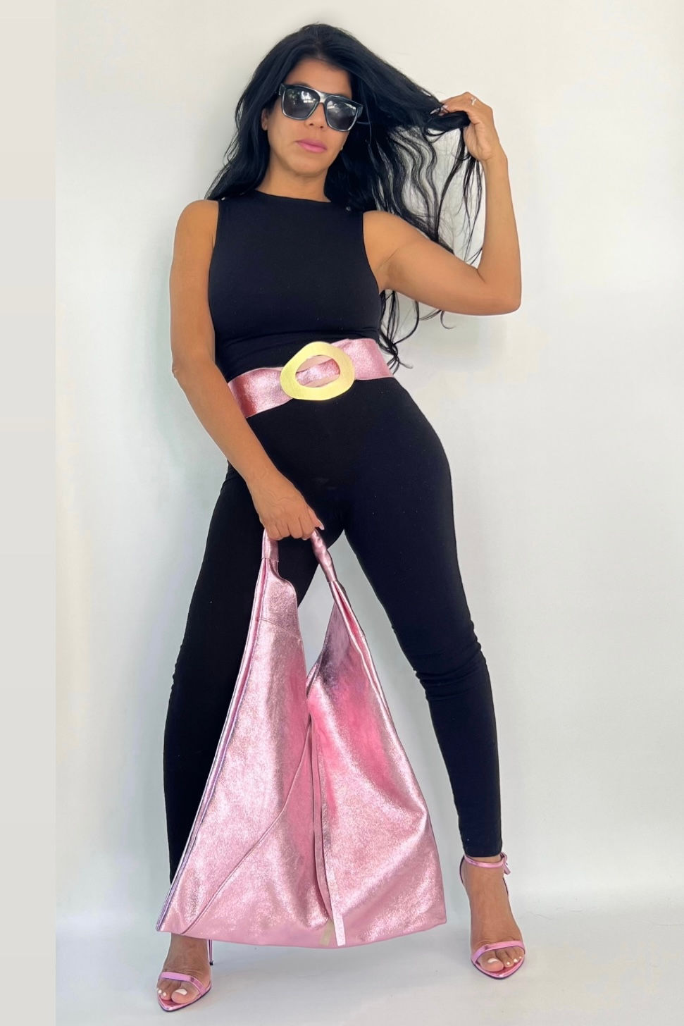 Luciana Jumpsuit with Metallic Pink Belt