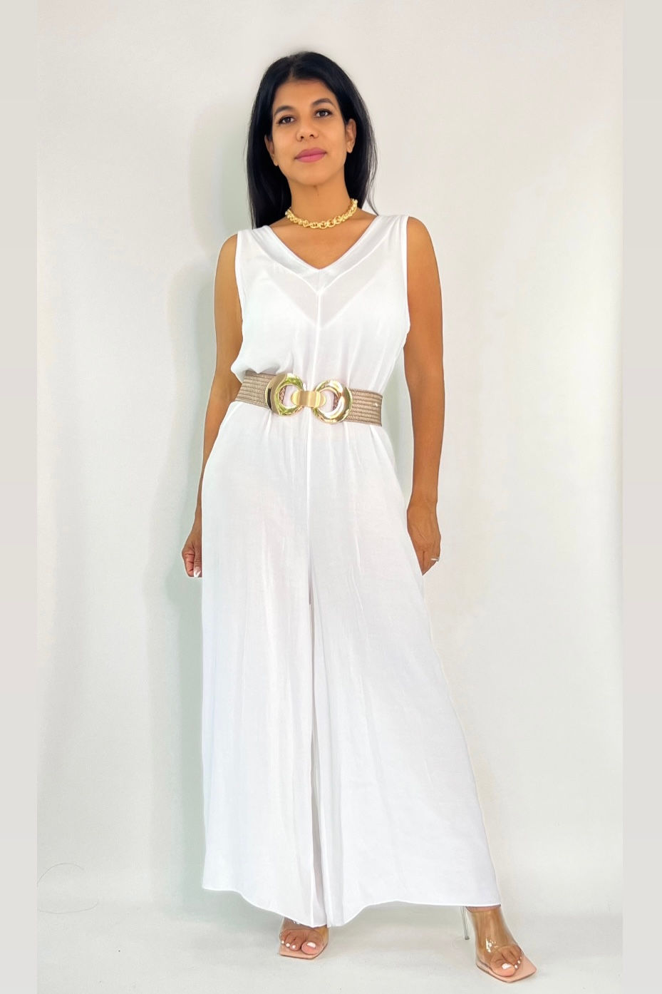 Thumbnail: White sleeveless jumpsuit with V-neck and belt