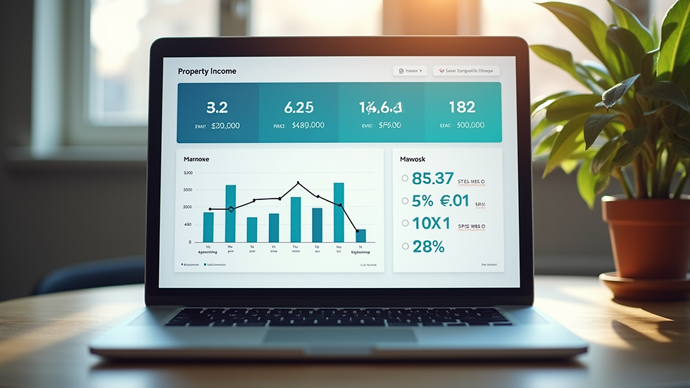 Eye-level view of a laptop screen showing a property income dashboard