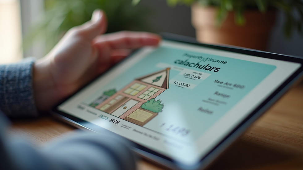 Close-up view of a person using a tablet with a property income calculator app