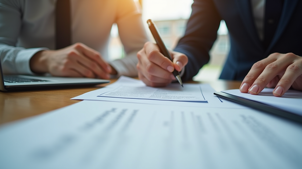Close-up view of a property manager reviewing rental documents