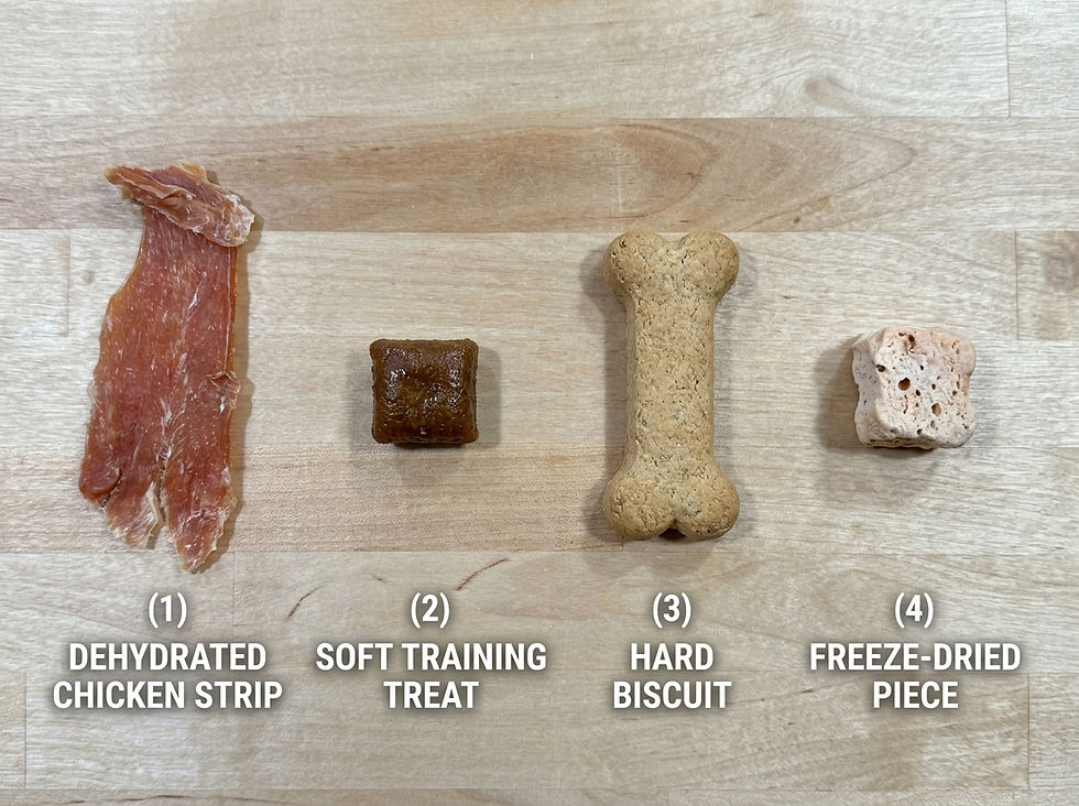 Different dog treat types with varying shelf life including dehydrated, soft, biscuit, and freeze-dried