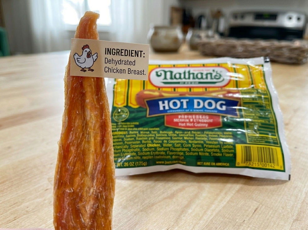 Comparison of hot dog ingredient label versus single ingredient dehydrated chicken dog treat