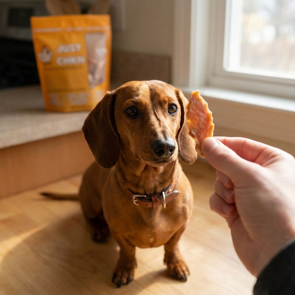 Dachshund making eye contact with owner during positive reinforcement training with treats
