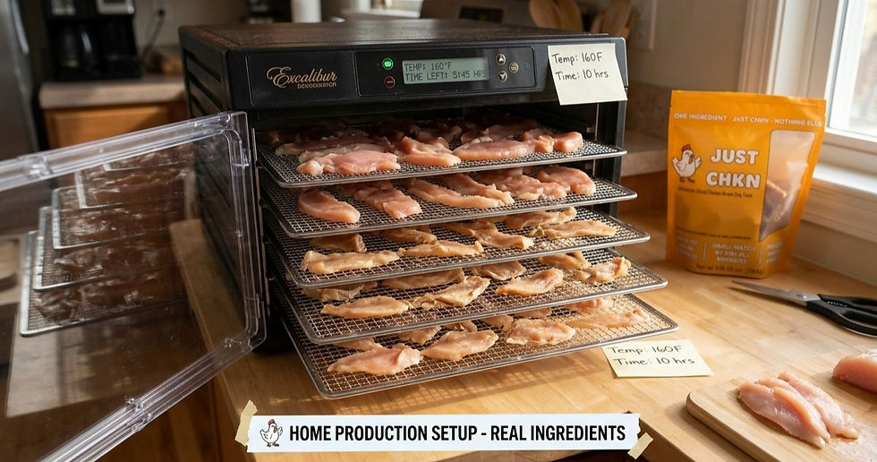 Home dehydrator making single ingredient chicken dog treats small batch