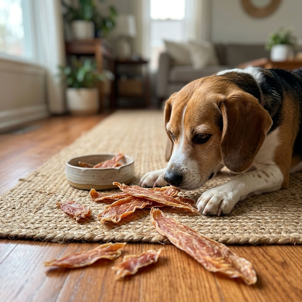 Beagle sniffing natural dehydrated chicken dog treats
