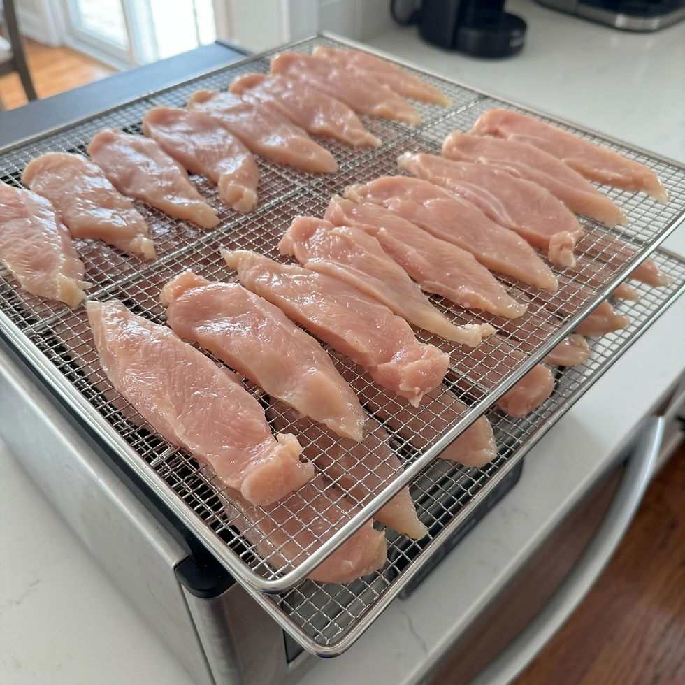 Homemade dehydrated chicken breast dog treats on dehydrator tray single ingredient