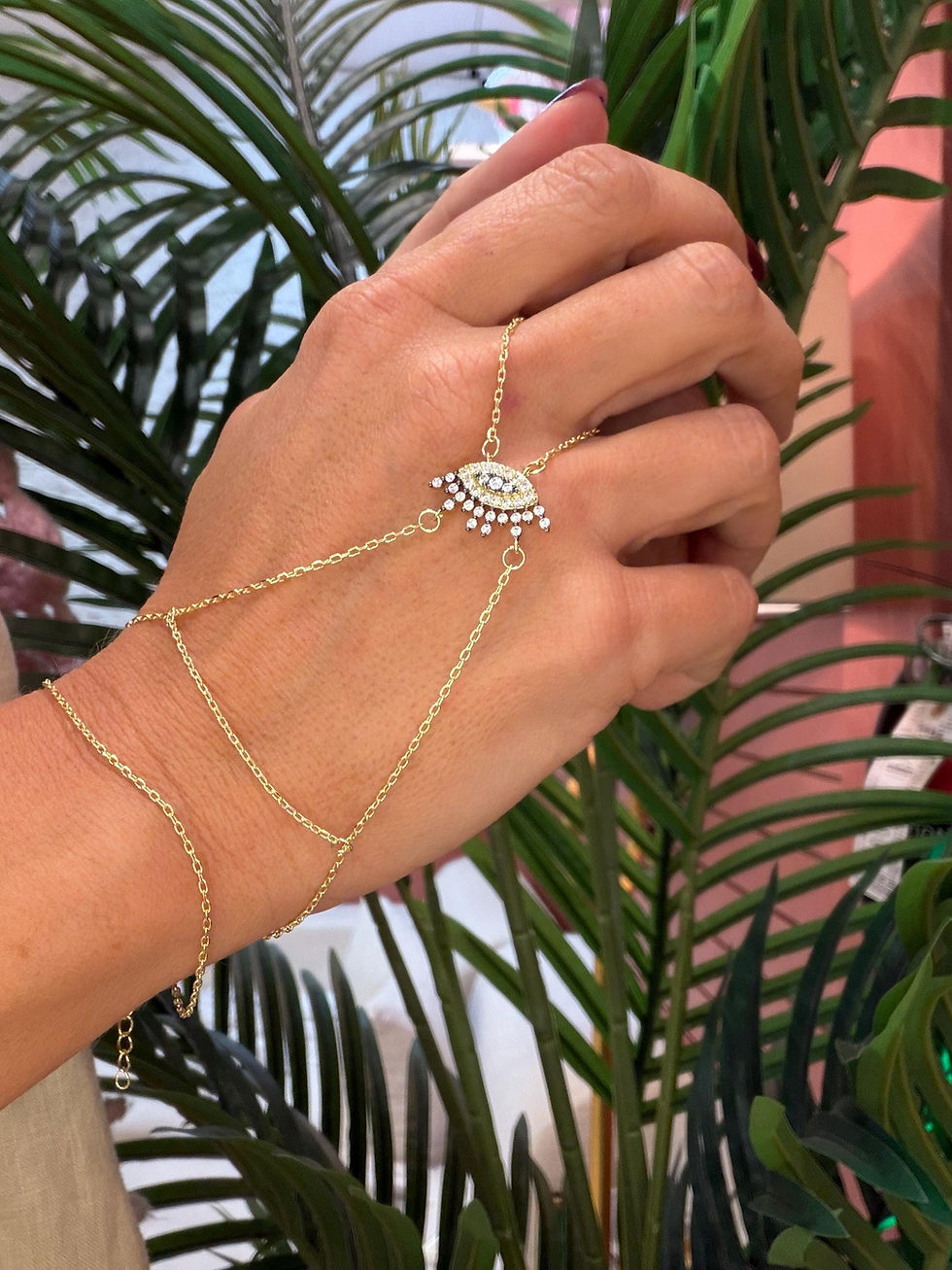 Thumbnail: Gold Evil Eye Hand Chain Bracelet – Zircon Slave Bracelet