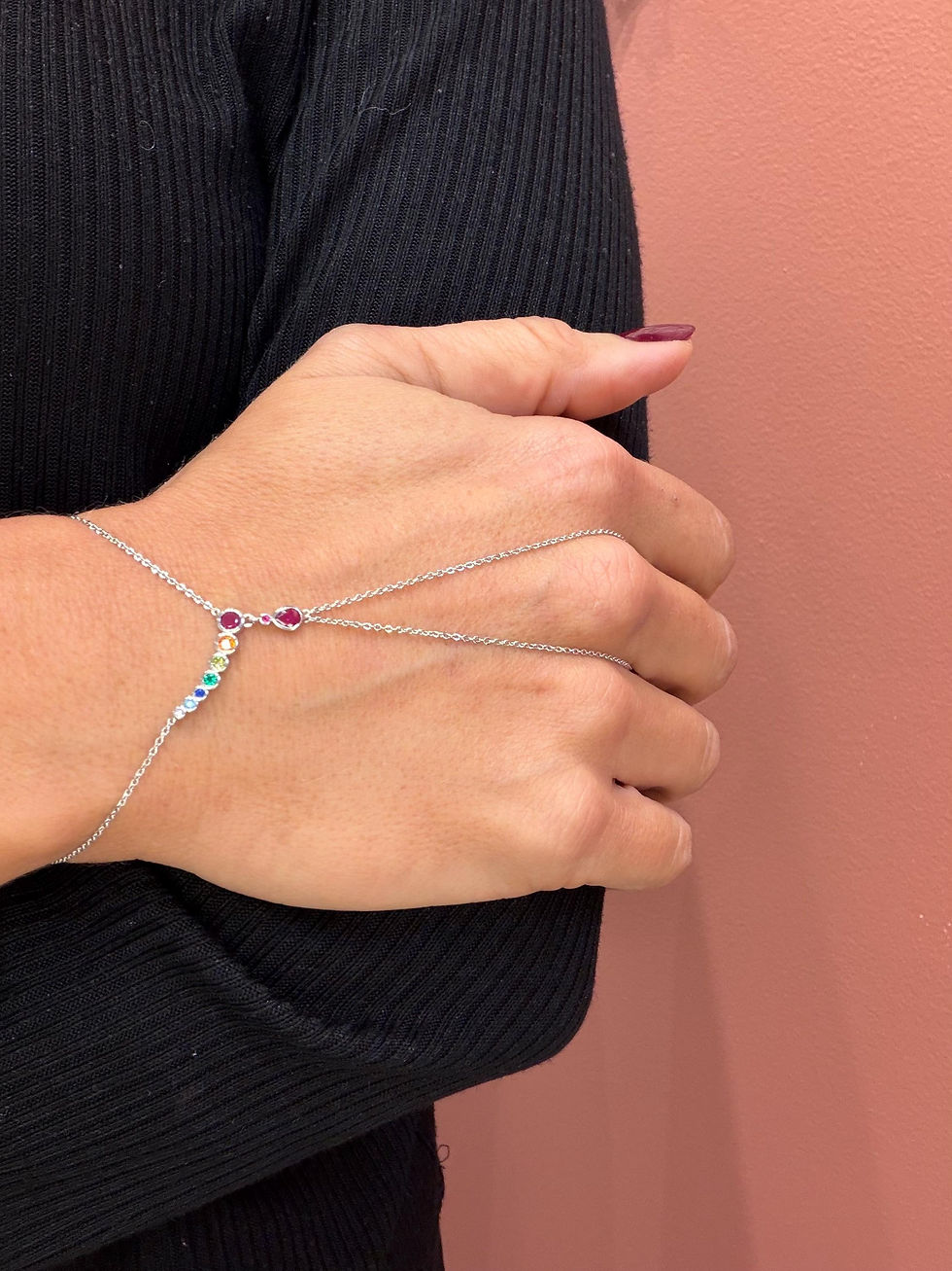 Thumbnail: Crystal Stainless Steel Hand Chain Bracelet - Dainty Bridal Jewelry