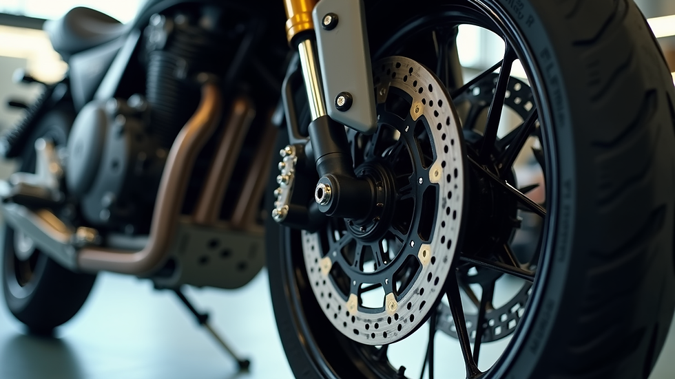 Close-up view of motorcycle tire and brake system being inspected