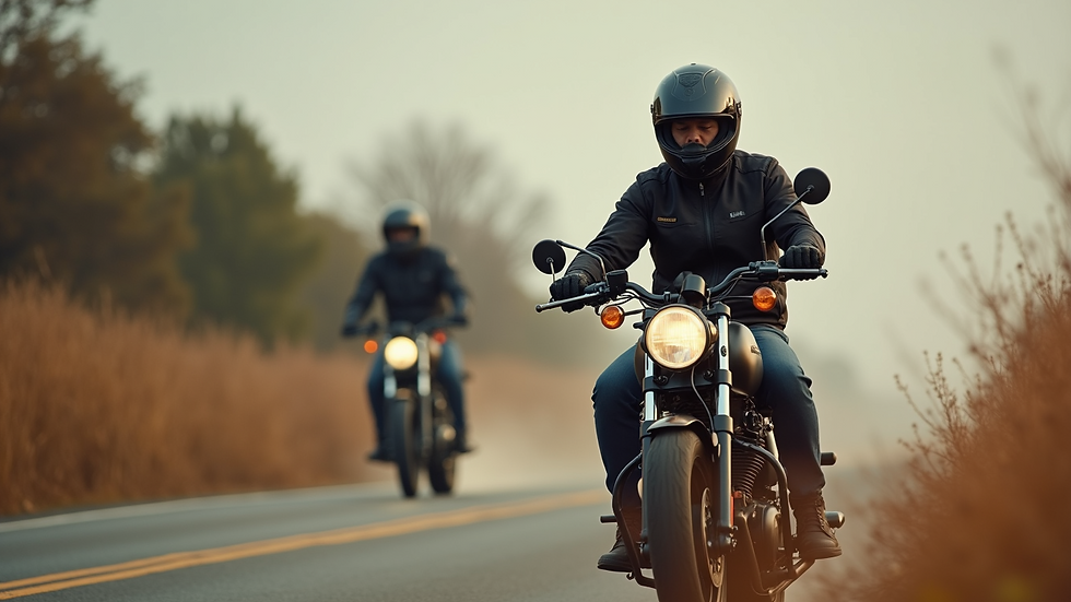 Close-up view of a motorcycle instructor guiding a new rider during a training session