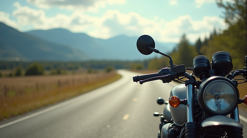 Eye-level view of a beginner-friendly motorcycle parked on a scenic road