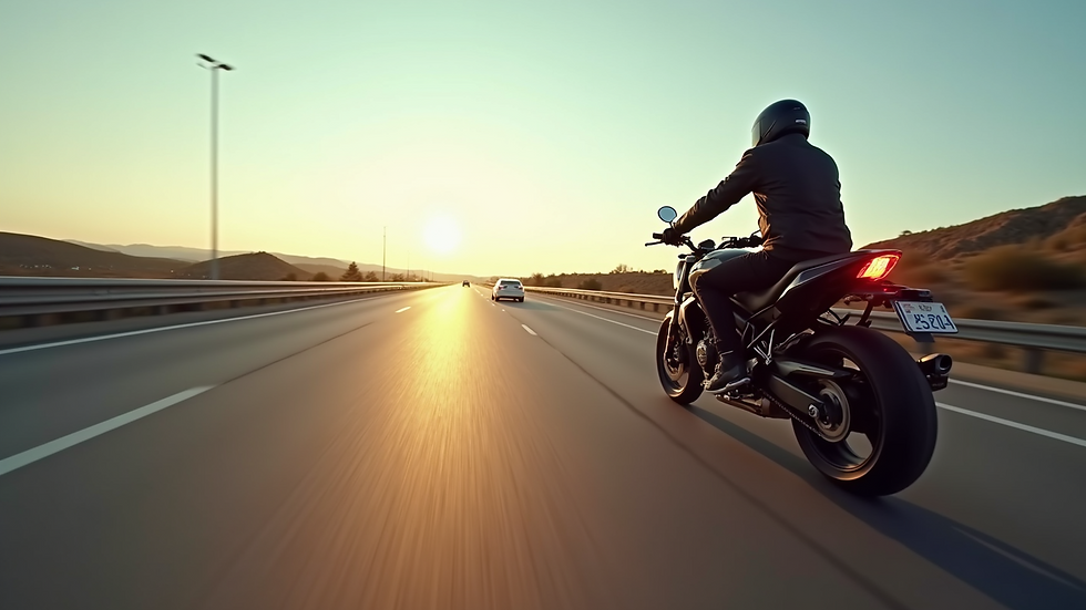 Wide angle view of a motorcycle maintaining distance behind a car on a highway
