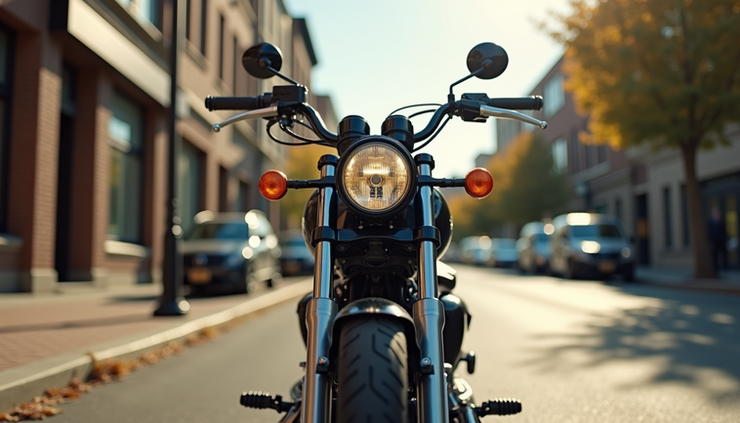 Eye-level view of a classic cruiser motorcycle parked on a street