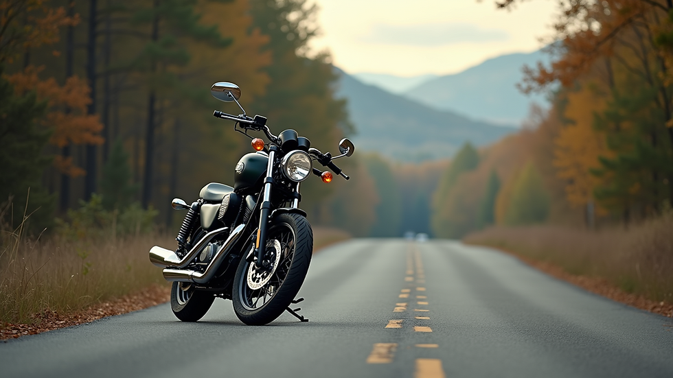 Eye-level view of a motorcycle parked on a scenic road