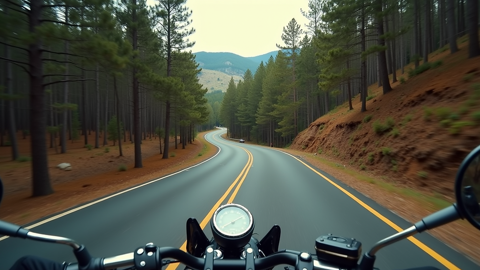 High angle view of a motorcycle on a winding road surrounded by trees